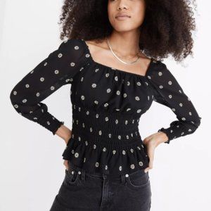 Madewell (Re)sourced Georgette Square-Neck Smock-Waist Top in Bloom Dot